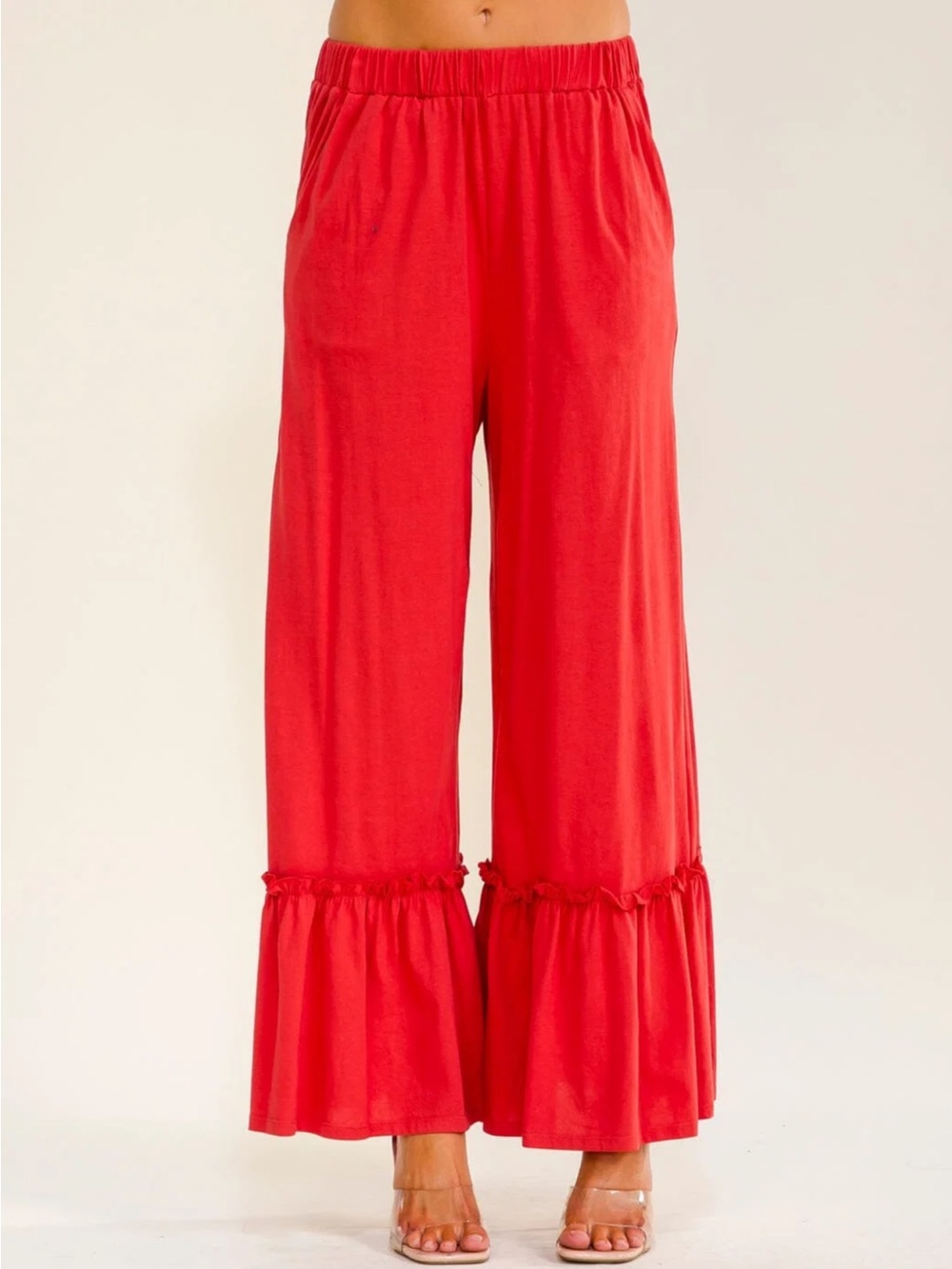 583. Wide-Leg Red Ruffle Hem Pants - Picture 2 of 3